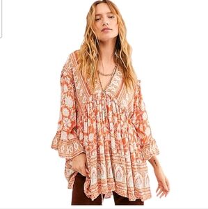 Free People Orange and White Floral Tunic